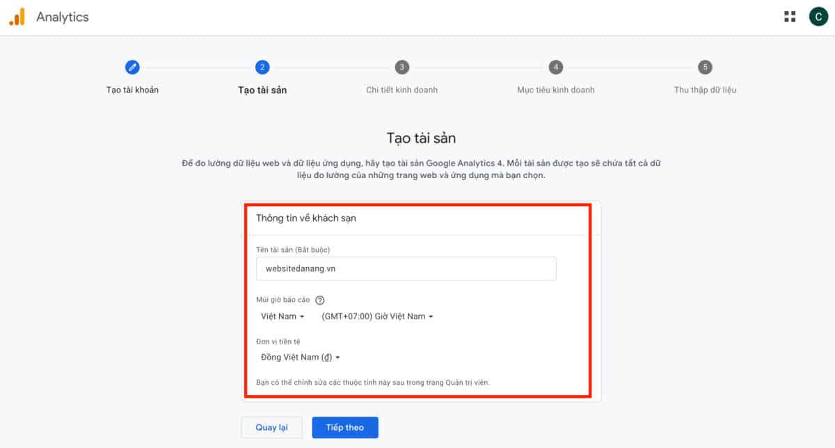 tạo tài sản google analytics