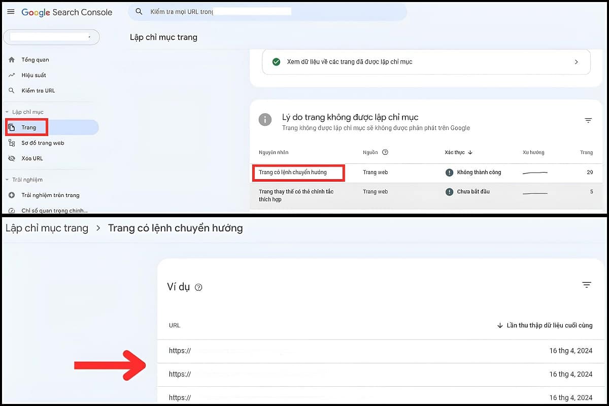 vào google search console kiểm trâ trang có lệnh chuyển hướng