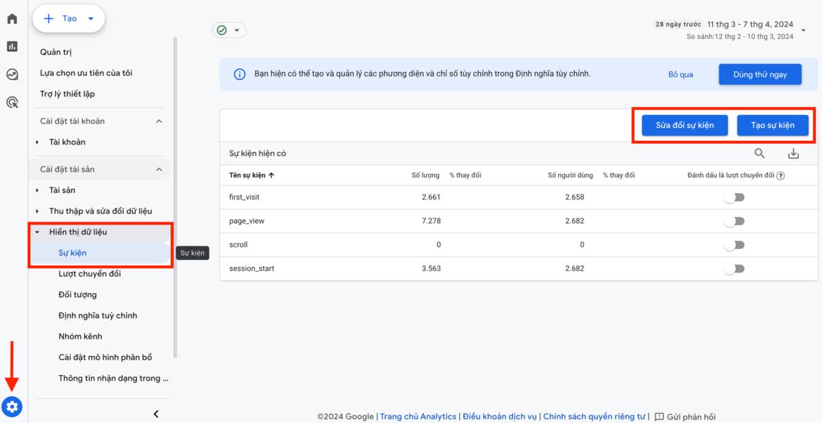 thiết lập các sự kiện trong google analytics 4