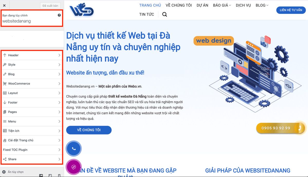 sử dụng customize để tùy chỉnh các thành phần cơ bản trong giao diện của website