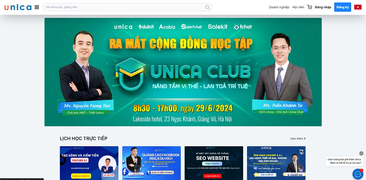 website đào tạo trực tuyến unica