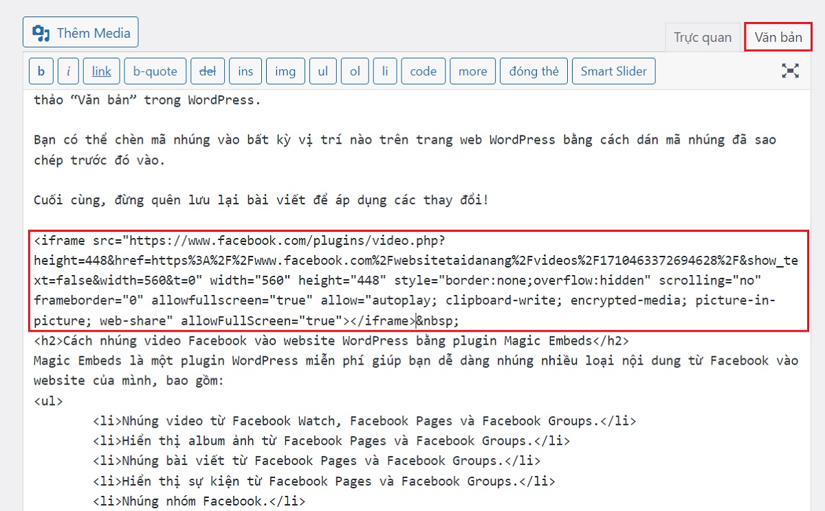 tiến hành nhúng video facebook vào website wordpress bằng thẻ iframe