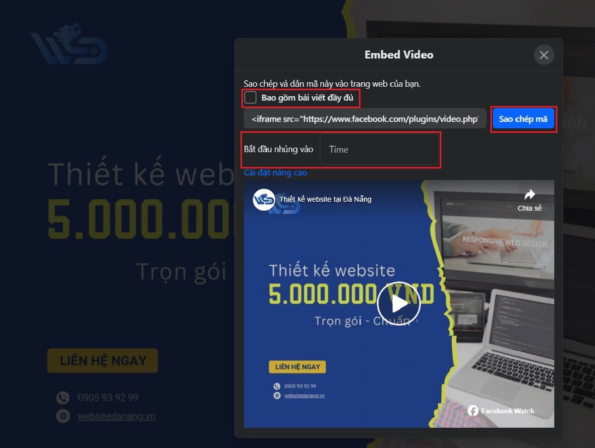 tiến hành sao chép embed video facebook