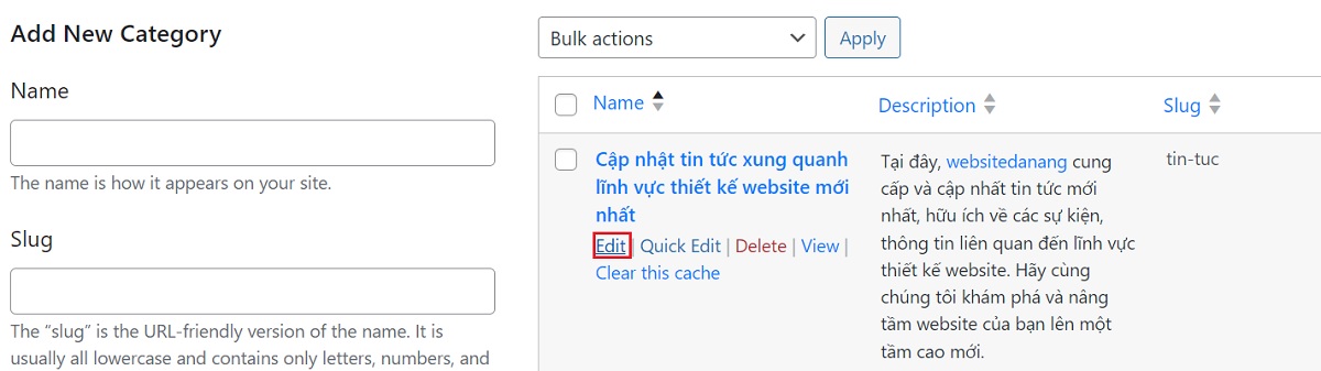 chỉnh sửa category trong wordpress