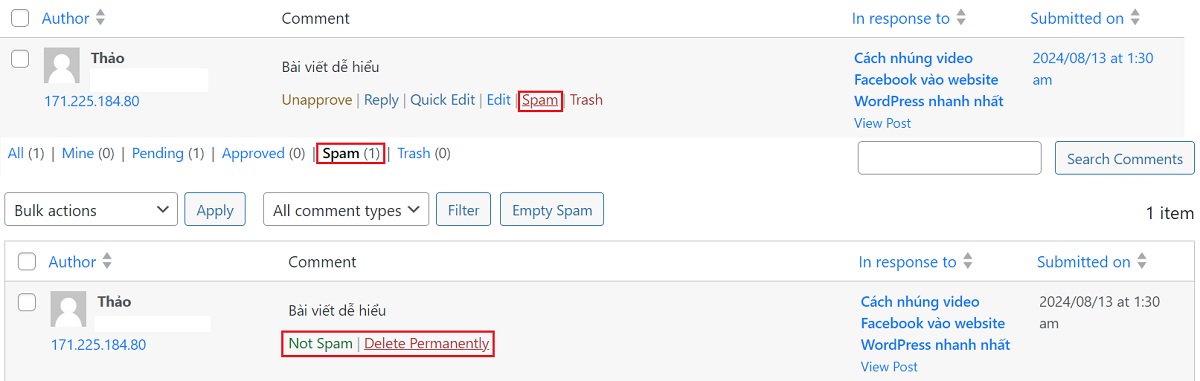 đánh dấu bình luận là spam