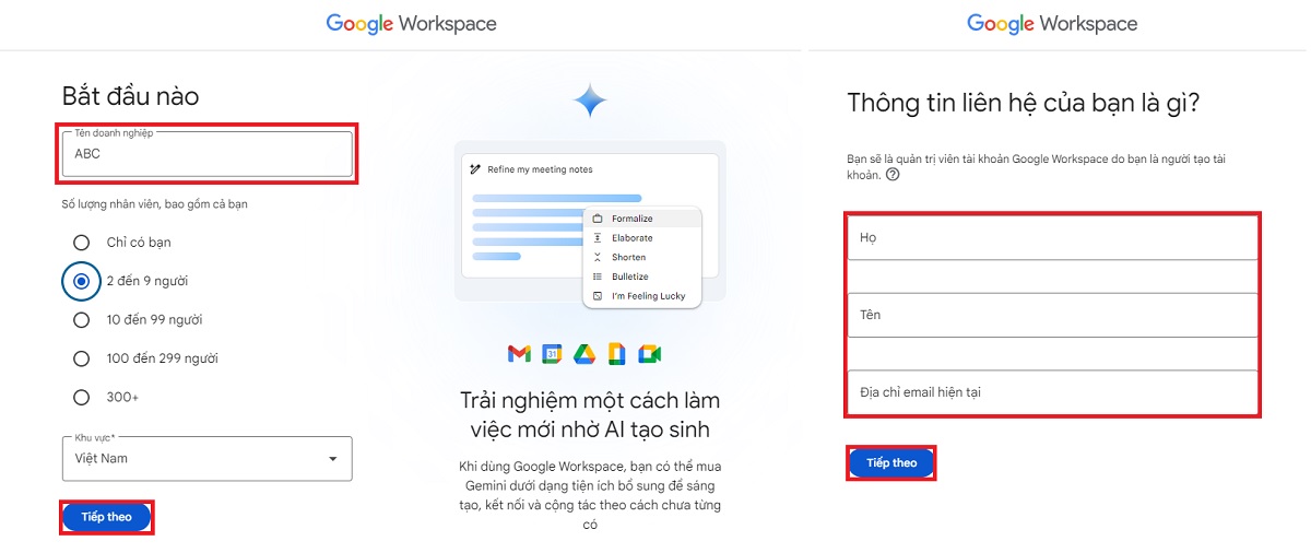 nhập đầy đủ thông tin vào biểu mẫu google workspace để tiến hành tạo email theo tên miền công ty