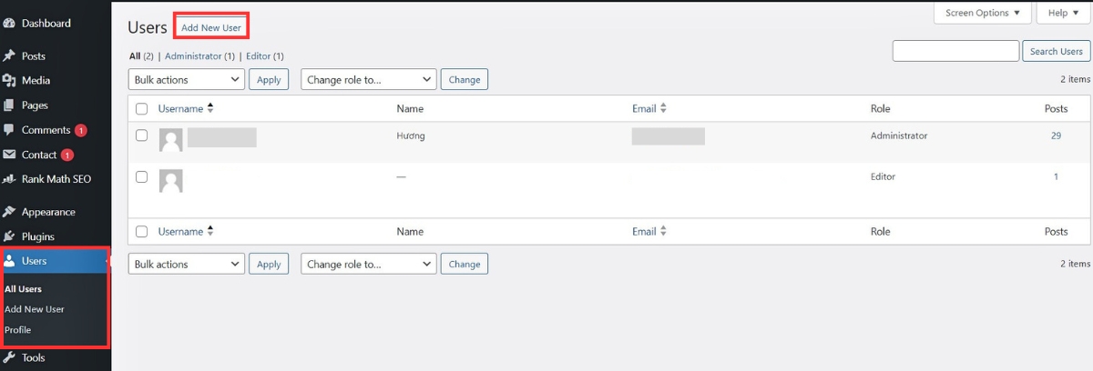 mục user quản lý tài khoản người dùng trên wordpress