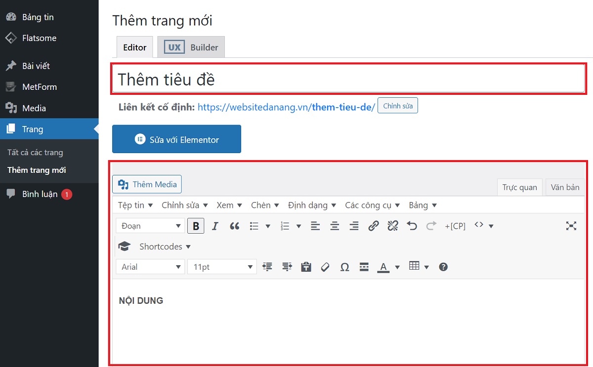 nhập tiêu đề và nội dung khi tạo trang mới trong wordpress