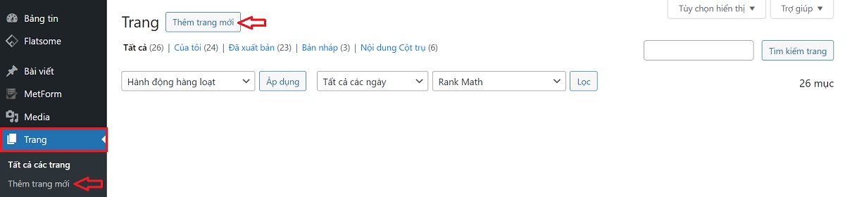 bắt đầu tạo trang mới trong wordpress