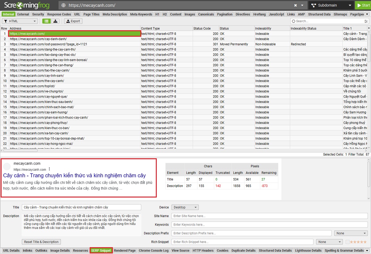 xem trước và kiểm tra địa chỉ web của bạn trên công cụ tìm kiếm bằng screaming frog